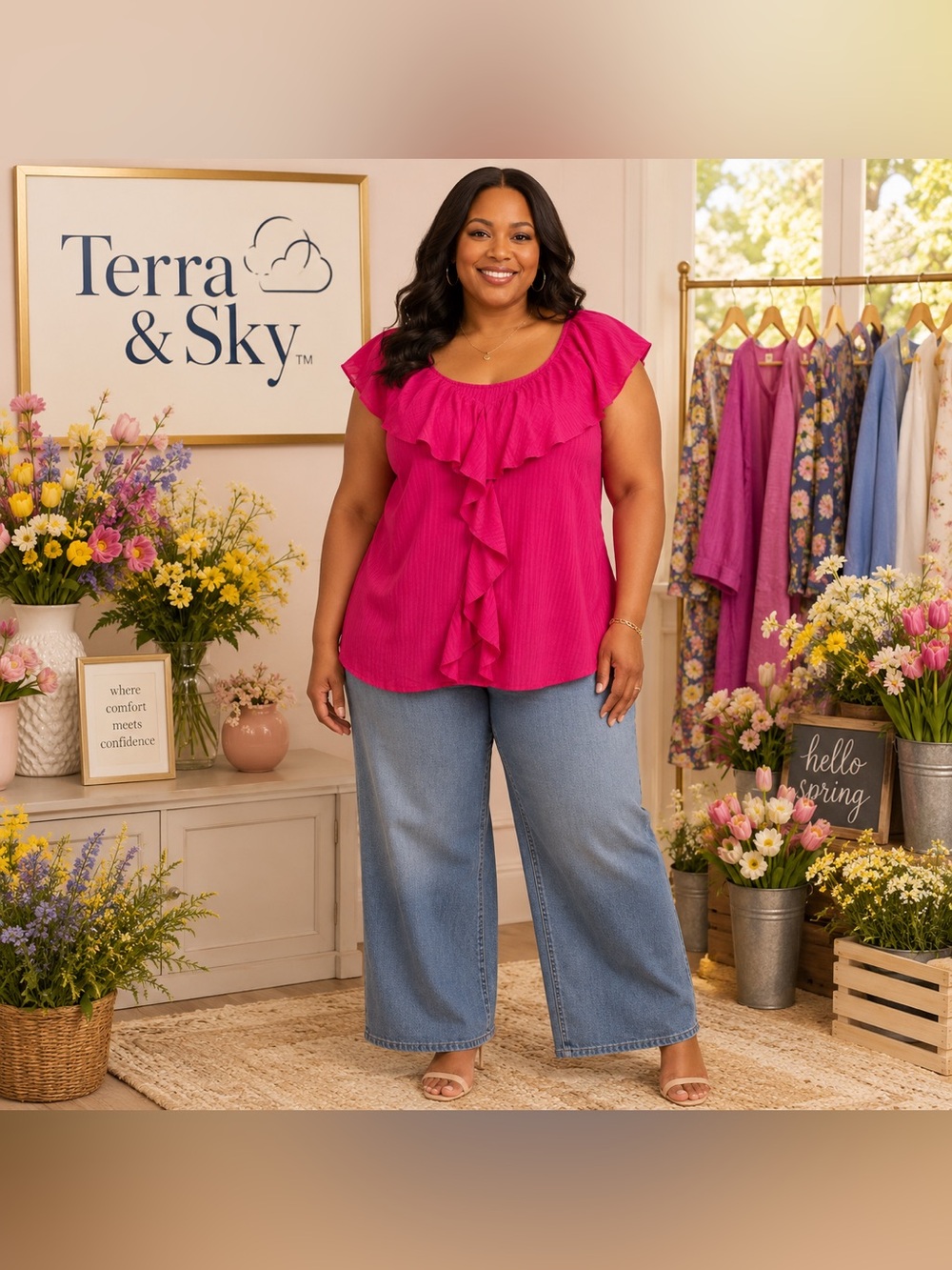 Terra & Sky Ruffled Top (24W/26W-3X)